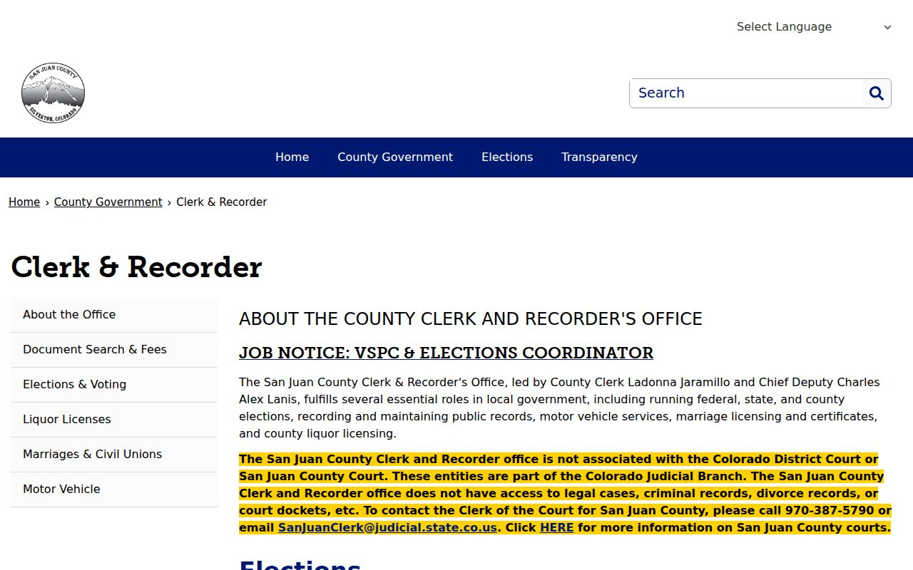 San Juan County Clerk of Court records County Clerk and Recorder distinction